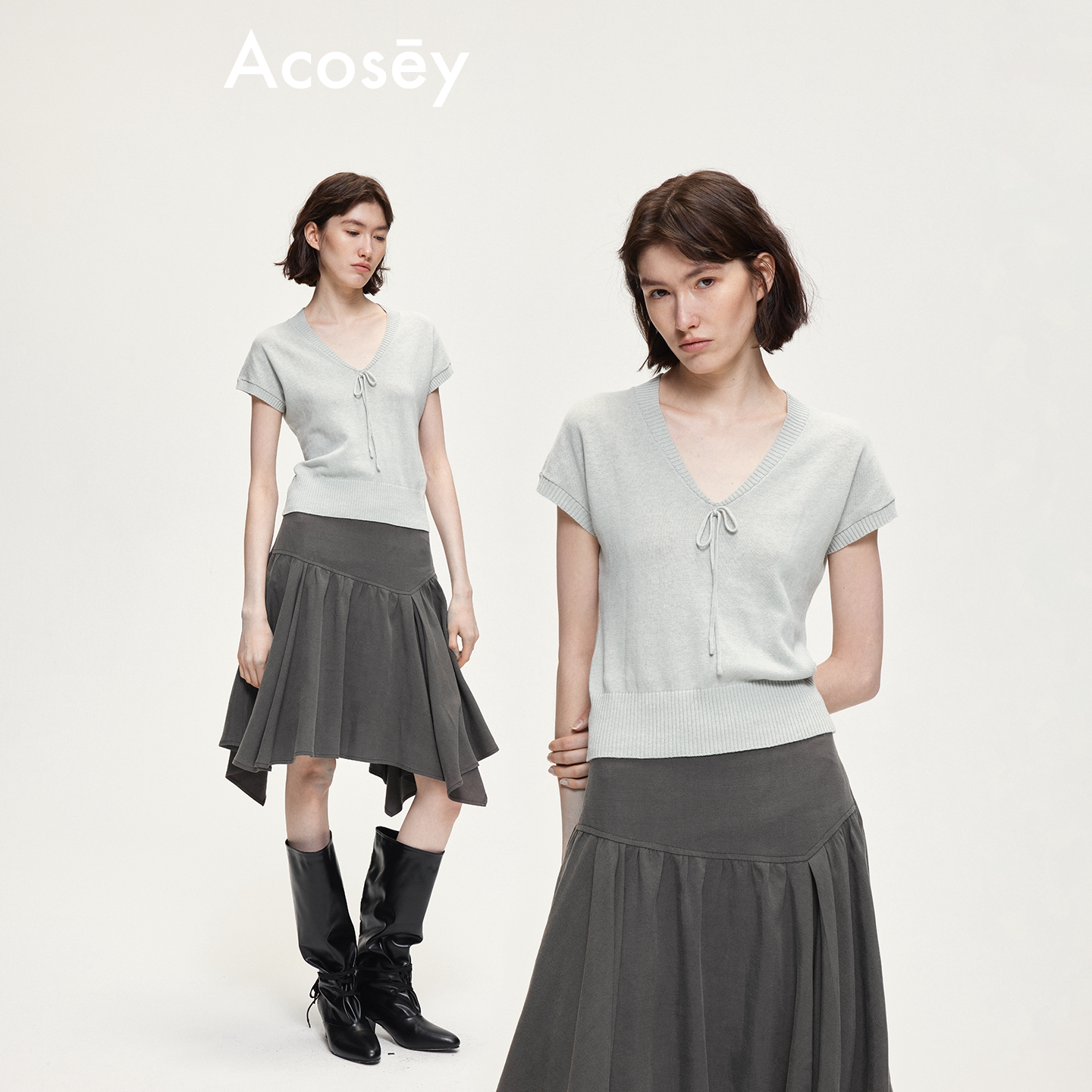 ACOSEY 设计感亚麻棉V领系带小飞袖毛织上衣图片