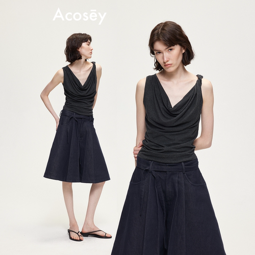 ACOSEY 原创设计扭结荡领莫代尔棉针织背心上衣