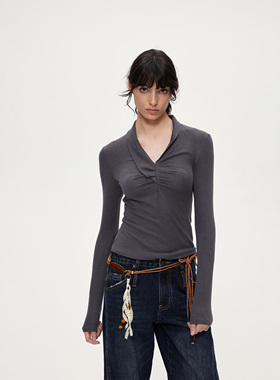 ACOSEY 25FW 羊毛莱赛尔抽褶不规则领子设计针织长袖上衣