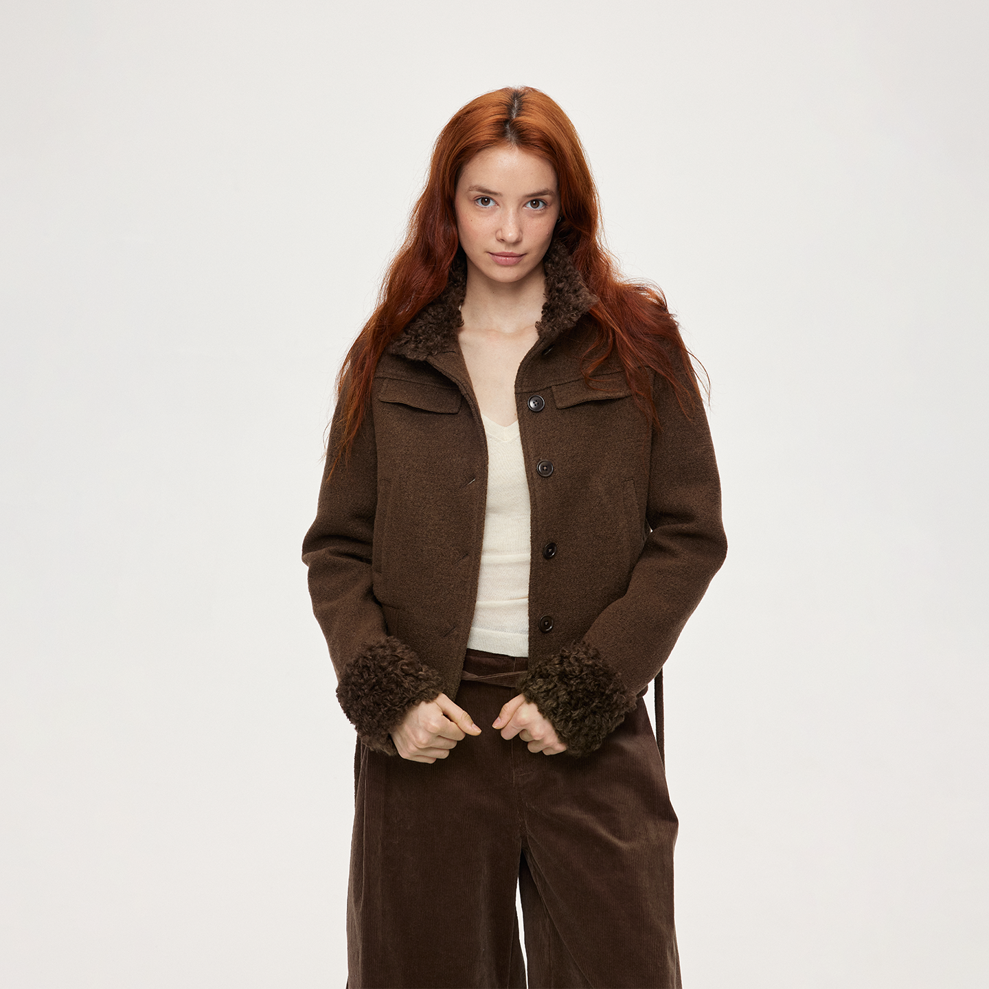 ACOSEY 棉羊毛毛领设计感原创设计复古绑带冬季夹克毛呢短款外套