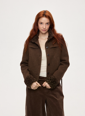 ACOSEY 设计感秋冬羊毛呢料拼接毛领绑带复古通勤夹克外套