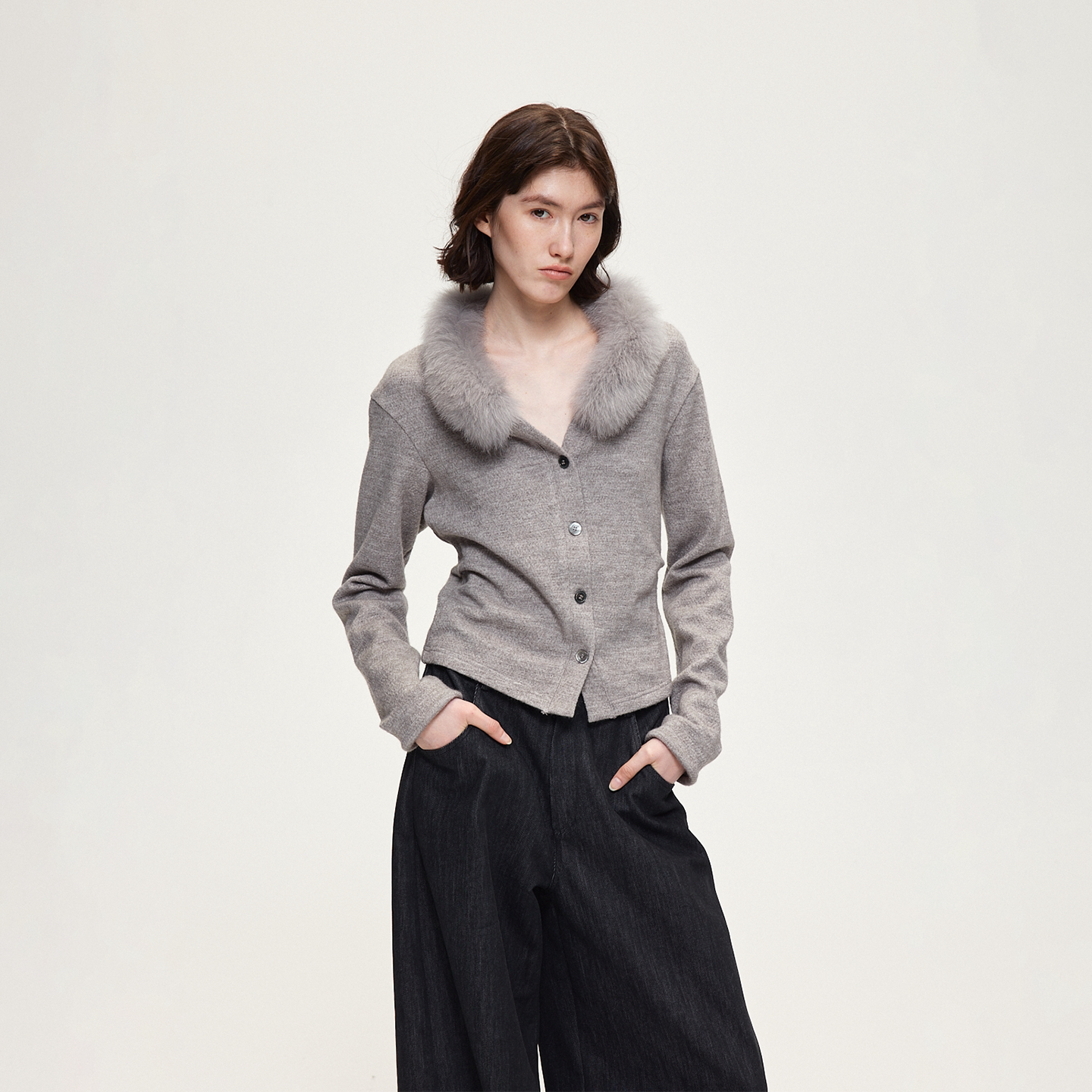 ACOSEY 25FW 可拆卸真狐狸毛毛领针织开衫外套图片