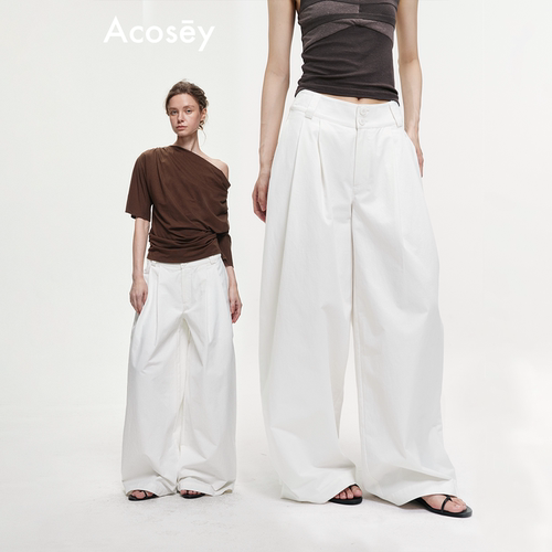 ACOSEY 高腰阔腿双扣打褶裤脚纽扣设计松弛休闲长裤