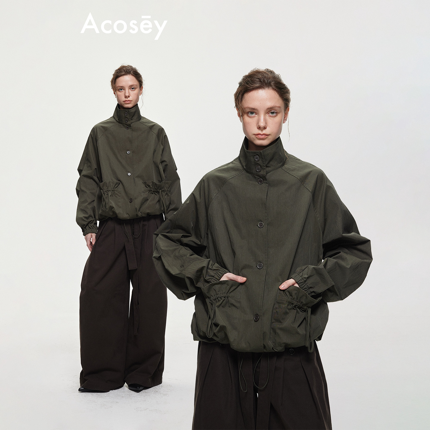 ACOSEY 复古廓形抽褶休闲工装立领果实纽扣短外套图片