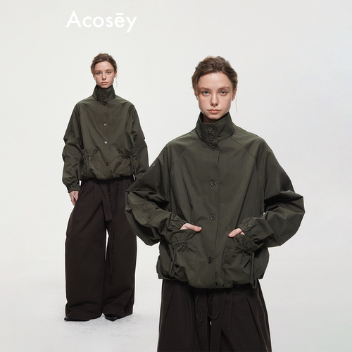 ACOSEY 复古廓形抽褶休闲工装立领果实纽扣短外套