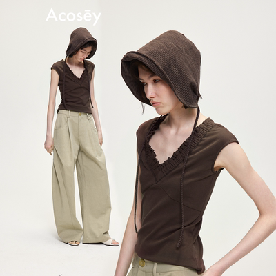 ACOSEY 设计感棕咖竖条条纹可塑遮阳防晒渔夫帽