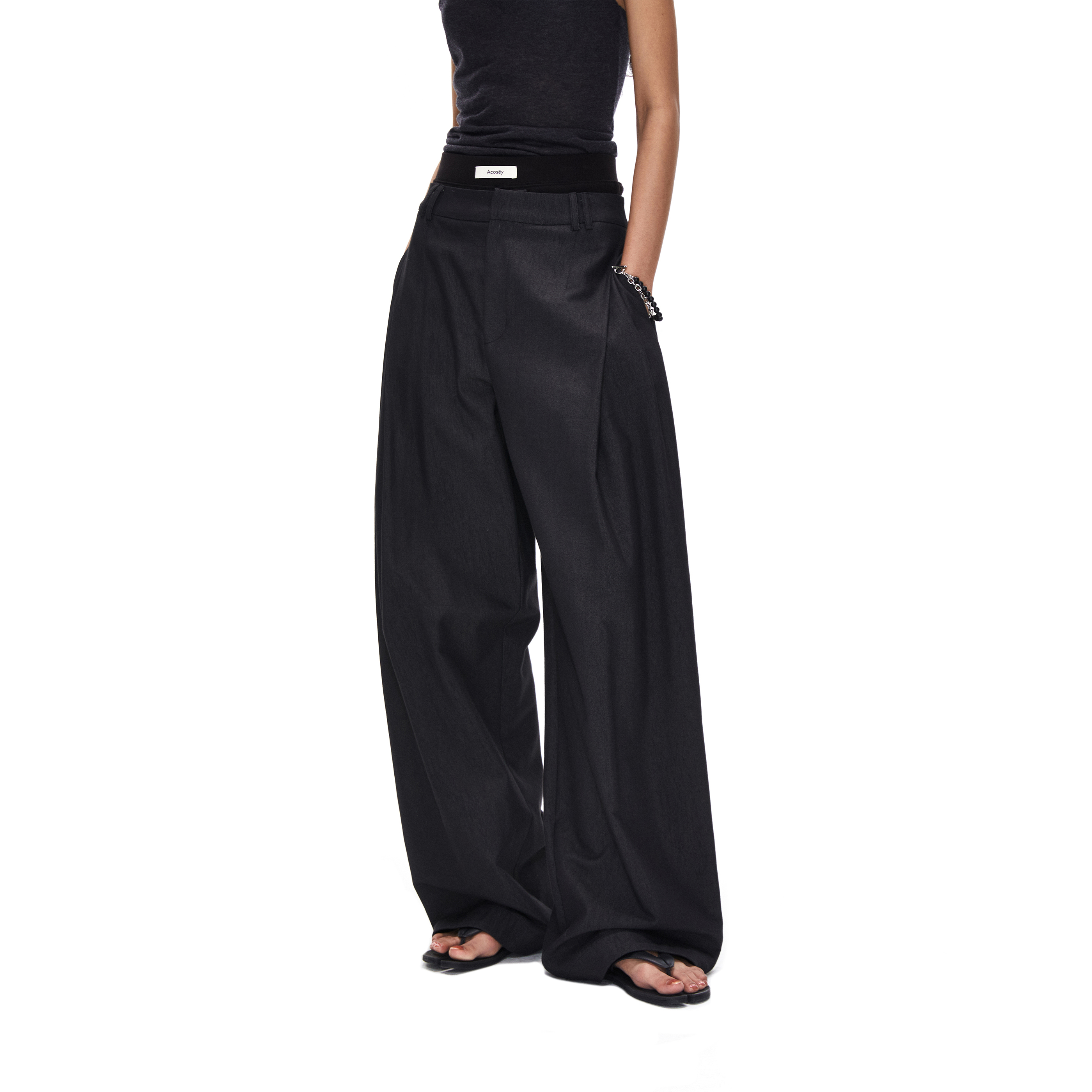 ACOSEY 25SS 垂感弯刀侧边压褶阔腿慵懒拖地西装裤