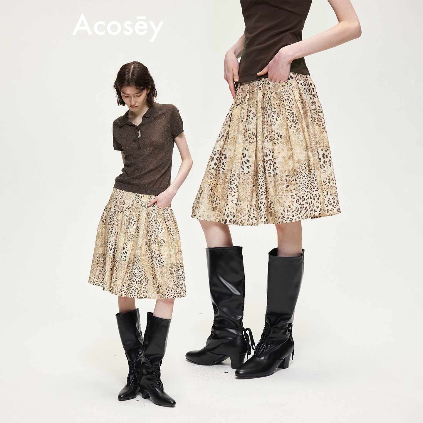 ACOSEY 原创压褶口袋设计定染豹纹印花复古压褶半裙