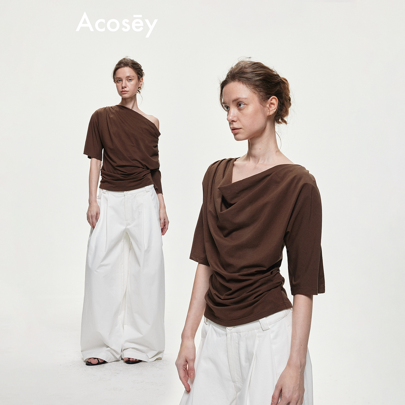 ACOSEY 莱赛尔棉混纺荡领垂坠感收褶显瘦五分袖T恤上衣图片