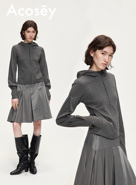 ACOSEY 原创设计针织条纹连帽正肩休闲短款卫衣开衫