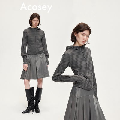 ACOSEY 原创设计针织条纹连帽正肩休闲短款卫衣开衫