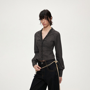 衬衫 ACOSEY V领木耳边长袖 100%全棉复古修身 25FW