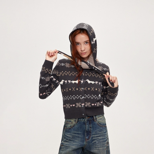 ACOSEY 25FW 绵羊毛费尔岛满幅图案复古提花毛织开衫毛织帽套外套