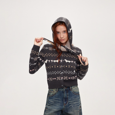 ACOSEY 25FW 绵羊毛费尔岛满幅图案复古提花毛织开衫毛织帽套外套