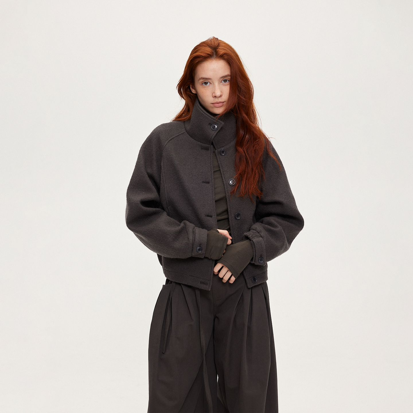 ACOSEY 设计感100%全羊毛翻领天然果实扣领设计感毛呢夹克外套