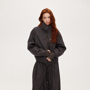 ACOSEY 设计感100%全羊毛翻领天然果实扣领设计感毛呢夹克外套