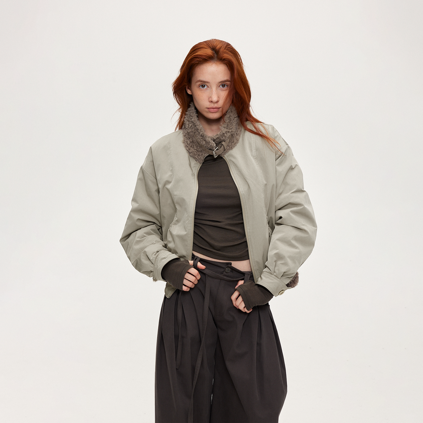 ACOSEY 25FW 原创设计感环保毛立领花苞型缎面设计感夹克外套