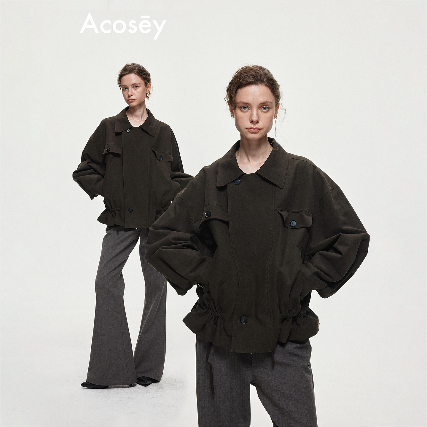 ACOSEY 纯棉翻领抽绳多口袋落肩廓形外套夹克图片