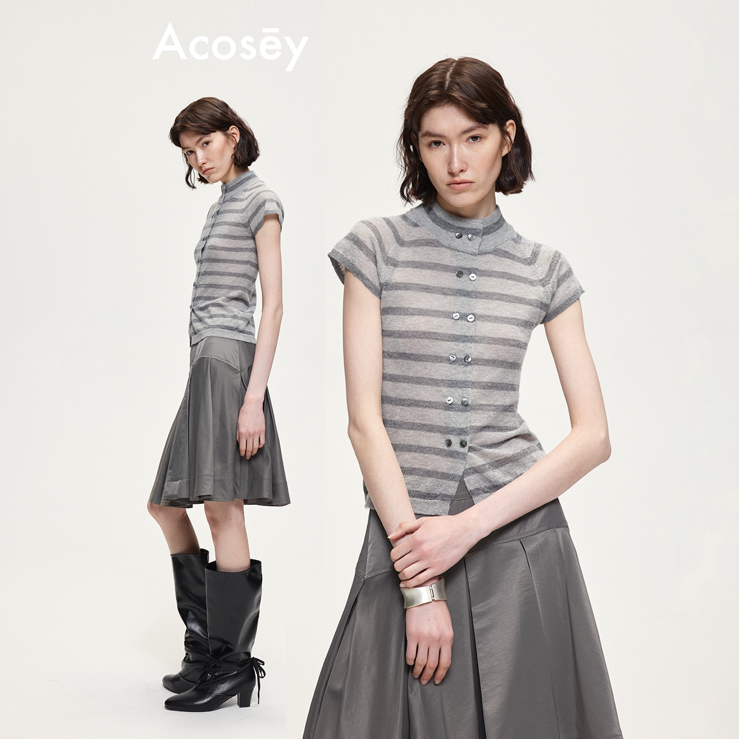 ACOSEY 羊毛条纹镂空针织开衫双排贝壳羊驼绒毛织上衣