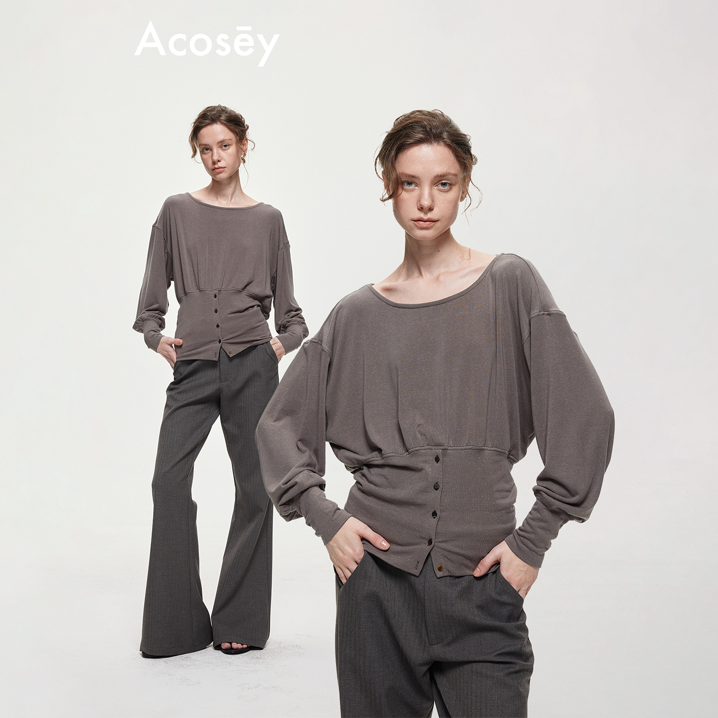 ACOSEY 莱赛尔亚麻混纺垂感微褶U型露背纽扣下摆针织上衣图片