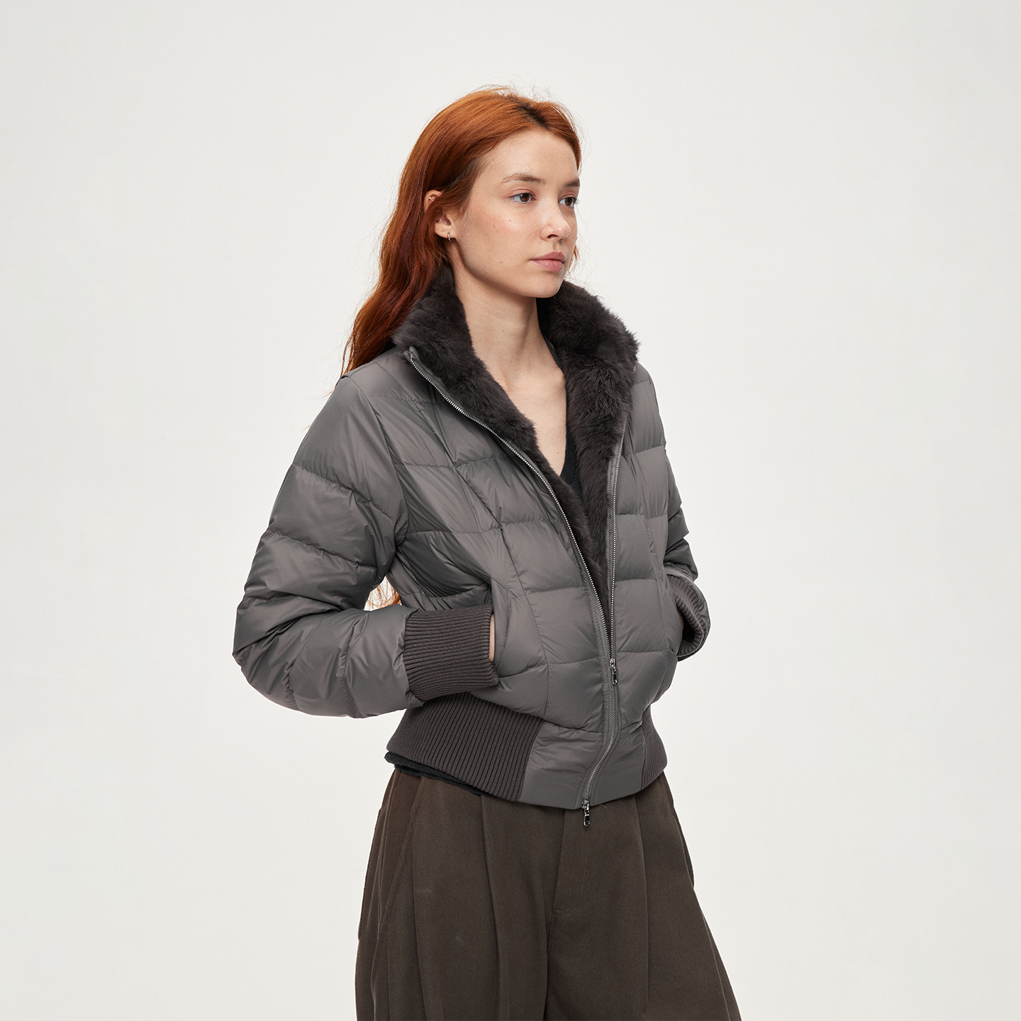 ACOSEY 设计感秋冬100兔毛领90白鸭绒绗缝暮灰色修身羽绒服外套