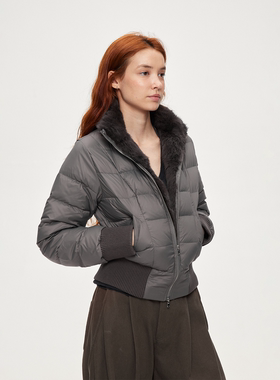 ACOSEY 设计感秋冬100兔毛毛领90白鸭绒绗缝暮灰色修身羽绒服外套