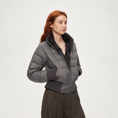 ACOSEY 设计感秋冬100兔毛领90白鸭绒绗缝暮灰色修身羽绒服外套