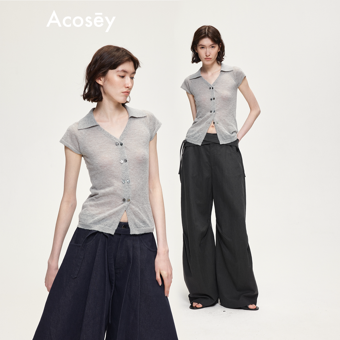 ACOSEY 原创设计感羊毛双排贝壳纽扣羊驼绒针织毛织上衣图片