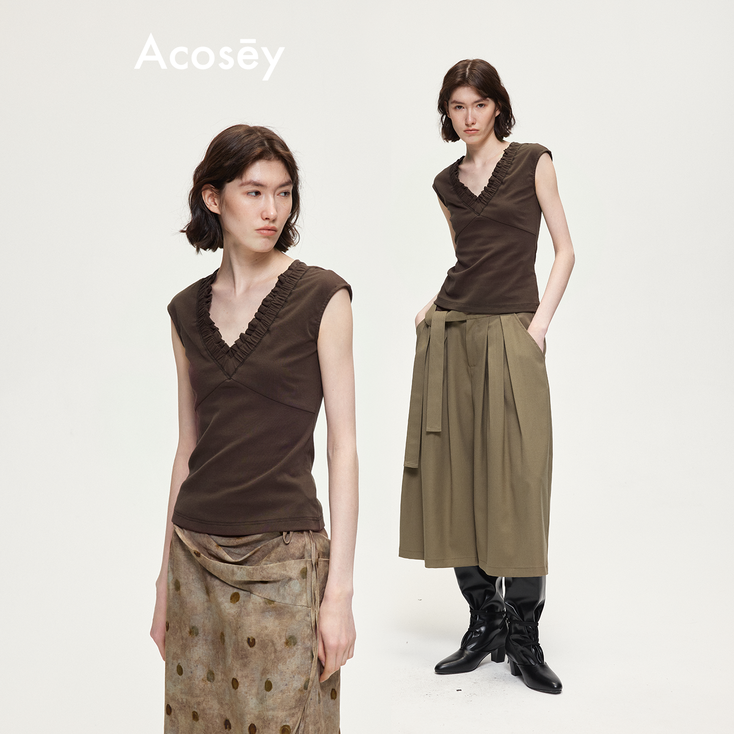 ACOSEY V领褶皱设计小飞袖修身针织T恤背心上衣