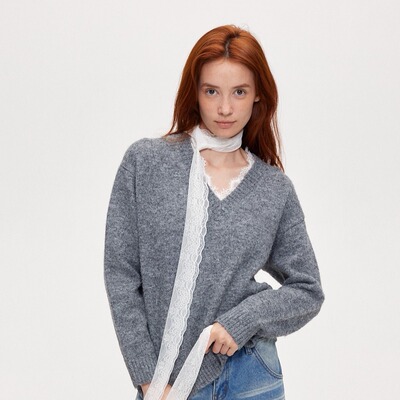 ACOSEY 24AW羊毛针织v领宽松慵懒感拼接蕾丝下半身消失毛衣