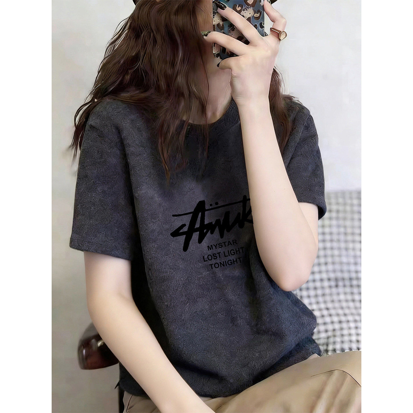 正肩磨毛纯棉短袖t恤女2026新款加厚款深灰色打底衫上衣春夏秋季