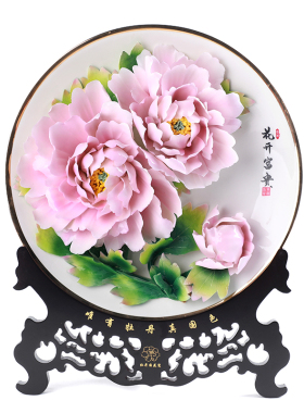 陶瓷牡丹挂盘摆件工艺品创意家居客厅家里装饰品电U视酒柜隔断摆