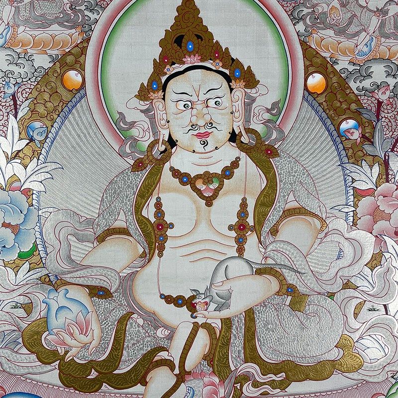 尼泊尔纯手绘多幅银唐四臂黄财神B文殊客厅书房玄关挂画银箔装饰
