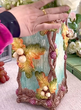 美式陶瓷鲜花花瓶橡果装饰春华秋实立G体浮雕手绘茶几餐厅客厅摆