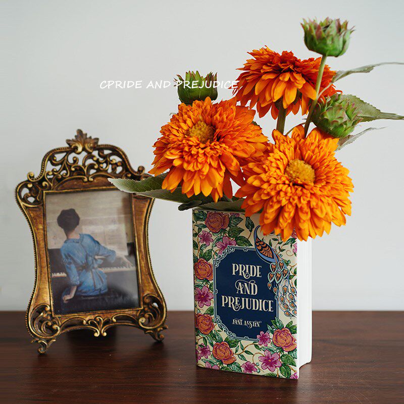 傲慢与偏见 出口欧式复古花卉玫瑰C书本造型陶瓷花瓶 插花家居装