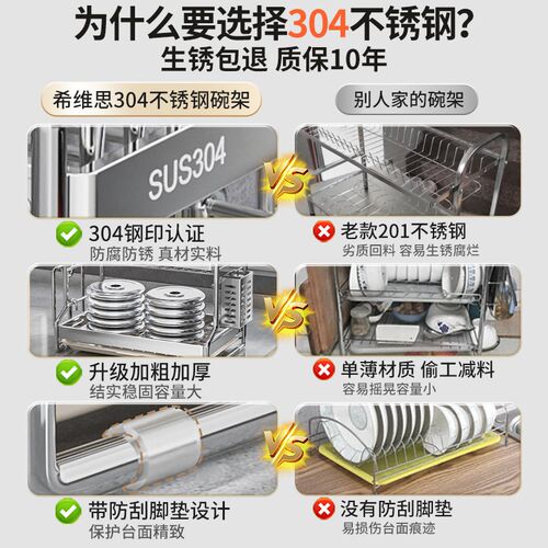 304不锈钢碗碟收纳架厨房沥水篮碗架家用放N碗盘碗筷多功能置物架