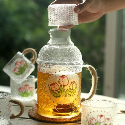 复古冷水壶彩绘锤纹玻璃耐高温凉水F壶家用大容量套装泡茶壶水杯