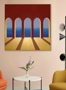 法式复古宫殿装饰画欧美s风轻奢红色建筑门廊油画餐厅客厅装饰挂