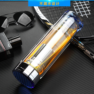 创意水晶双层玻璃杯大容量带盖滤网防烫茶杯便携S男女水杯办公杯