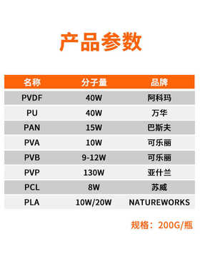 静电纺丝试剂高分子材料PAN PVA PVDF PCL PLA PU聚乙烯吡咯烷酮