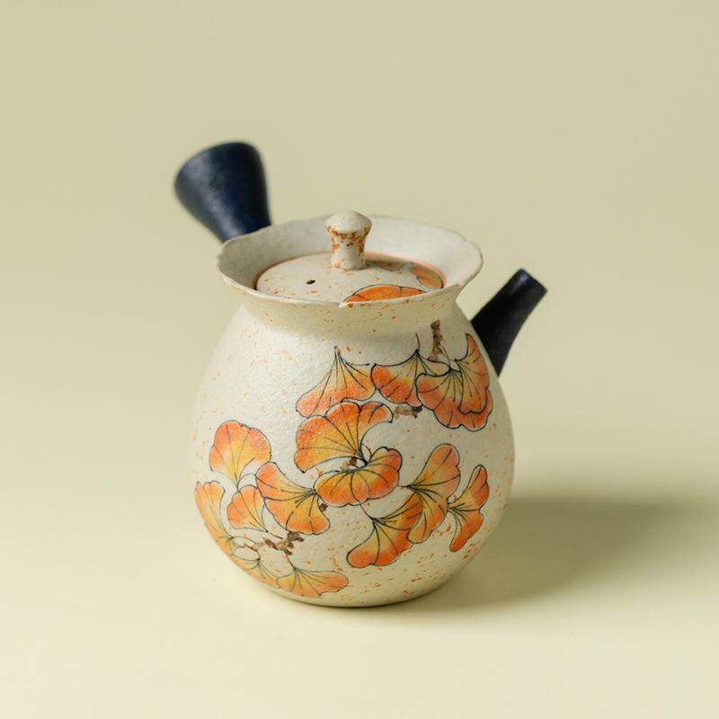 青花火石红泡茶壶纯手绘杏叶陶瓷侧把壶家用防烫冲茶器带过滤中式