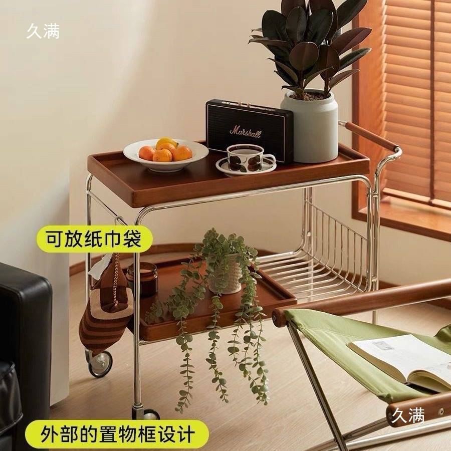 复古茶水小推车网红实木沙发边几中古日式可移动茶几客厅边柜餐车