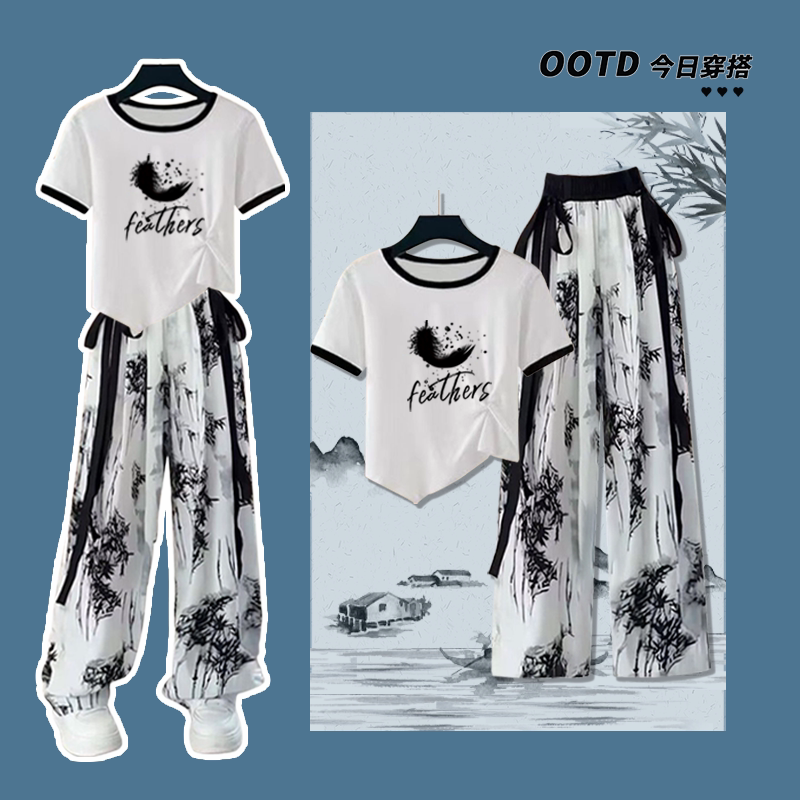 大童套装夏季新款时尚不规则短袖洋气休闲国风晚杏裤女童夏装套装