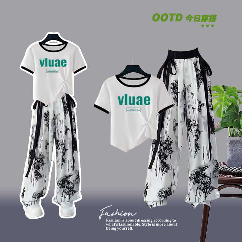 大童女孩学生洋气不规则短袖网红新款国风休闲水墨裤女童夏季套装