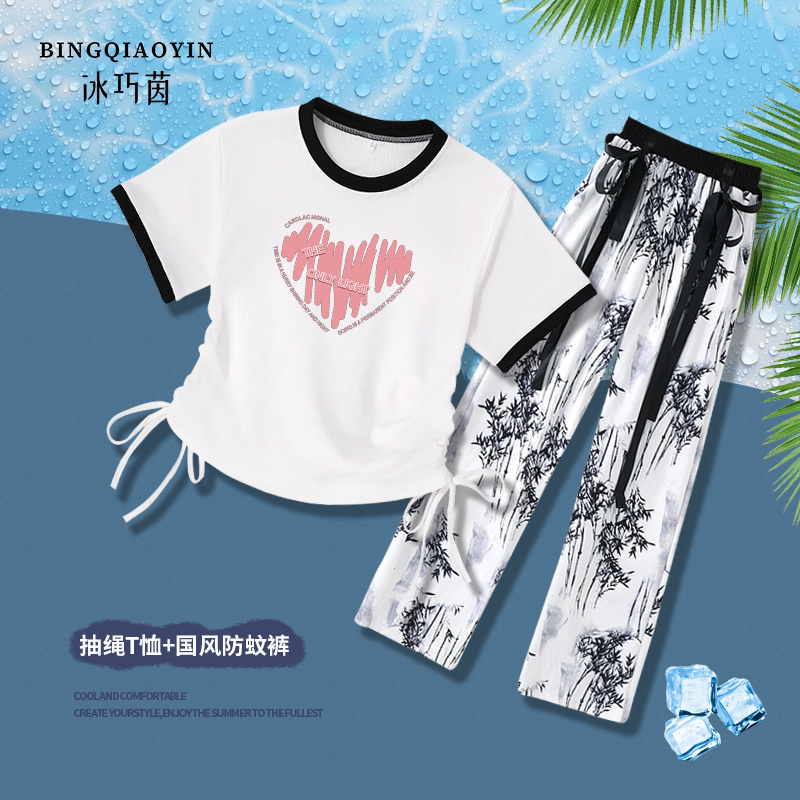 大童女童抽绳夏装新款洋气短袖女时尚休闲国风竹叶裤女童夏季套装