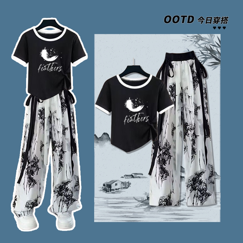 中大童装夏季新款洋气不规则短袖休闲国风晚杏裤时尚女童夏装套装