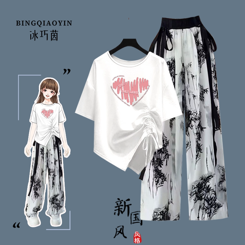 女童中大童新款休闲高腰国风竹叶裤洋气抽绳短袖上衣女童夏季套装