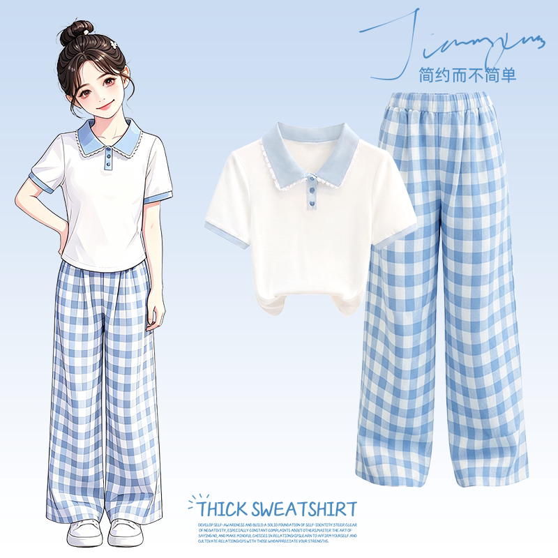 女童夏季格子Polo短袖阔腿套装图片