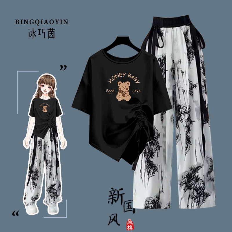 女童中大童新款洋气抽绳短袖上衣休闲高腰国风竹叶裤女童夏装套装