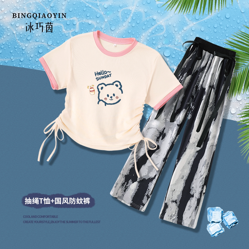 中大童女洋气时尚不规则抽绳短袖百搭休闲国风水墨裤女童夏季套装
